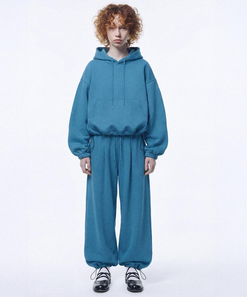 [Set] String Oversized Hoodie + Single-Pleat Wide Pants - Peacock Green
