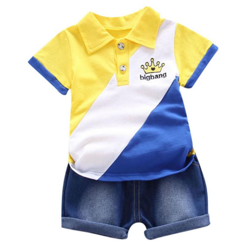 Baby gutter kortermet krone patchwork mønster T-skjorte bluse+denim shorts