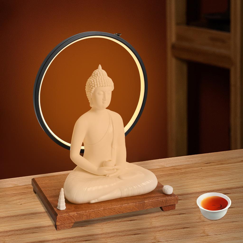 Ceramic Buddha Statue W/ LED Halo, Adjustable 6-Level Dimming, 16-In Meditation Figure, Wood Base, Zen Home Decor, Accent Light