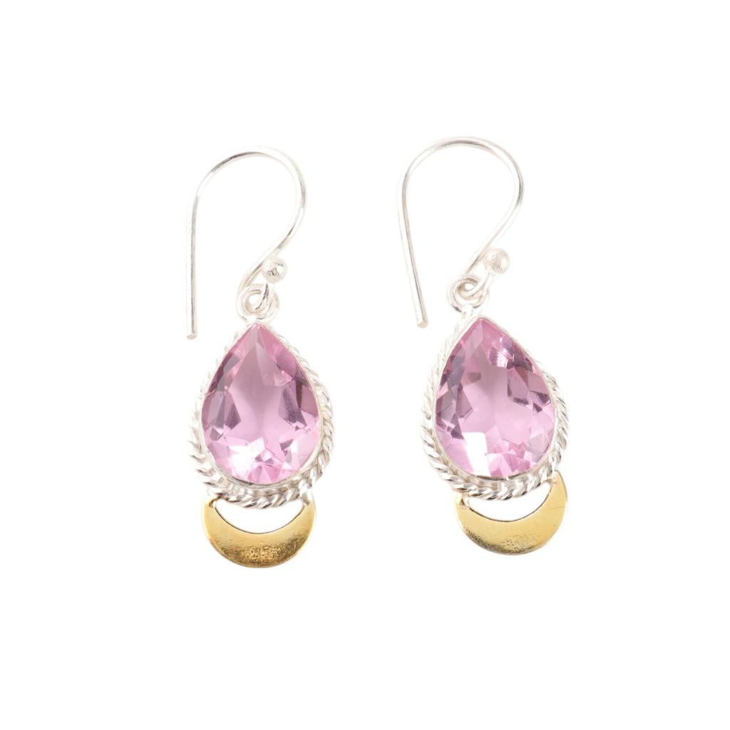 Morganite Gemstone 925 Sterling Silver Jewelry Handmade Two Tone Earrings 1.5" EE-162-11