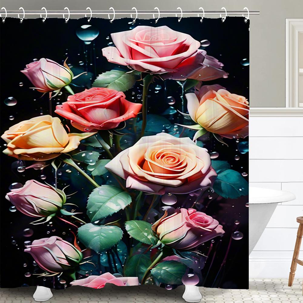 1 Pcs Painted Rose Flower Waterproof Shower Curtain, Colorful And Gorgeous Flowers Bathroom Decoration Curtain, With Hooks