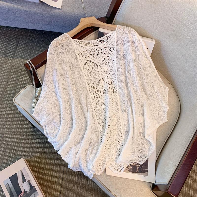 

DIMANAF 2025 New Women Knitting Lace O-Neck T-Shirt Hollow Summer Style Basic Short Tops Tees Loose Clothing One Size белый