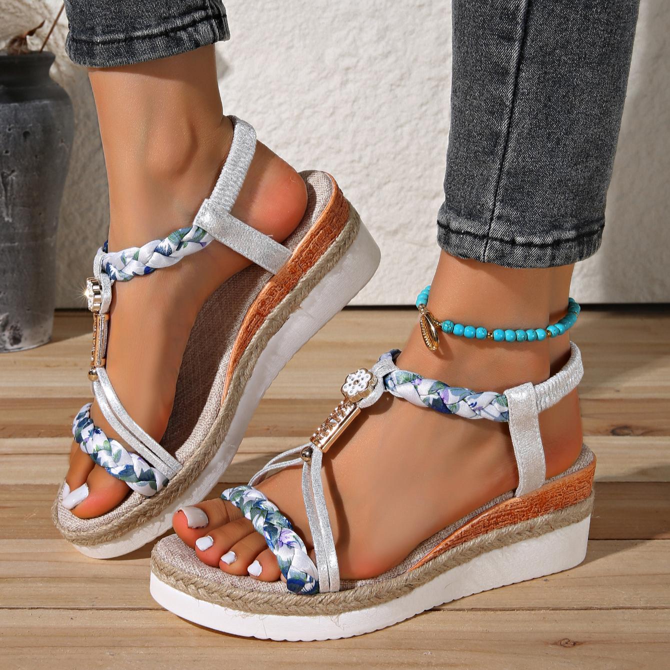 

Модные повседневные женские босоножки на танкетке с высоким каблуком, бохо-стиль, ручная работа, цветные блоки, эластичная лента, открытый носок, пляжная обувь 42