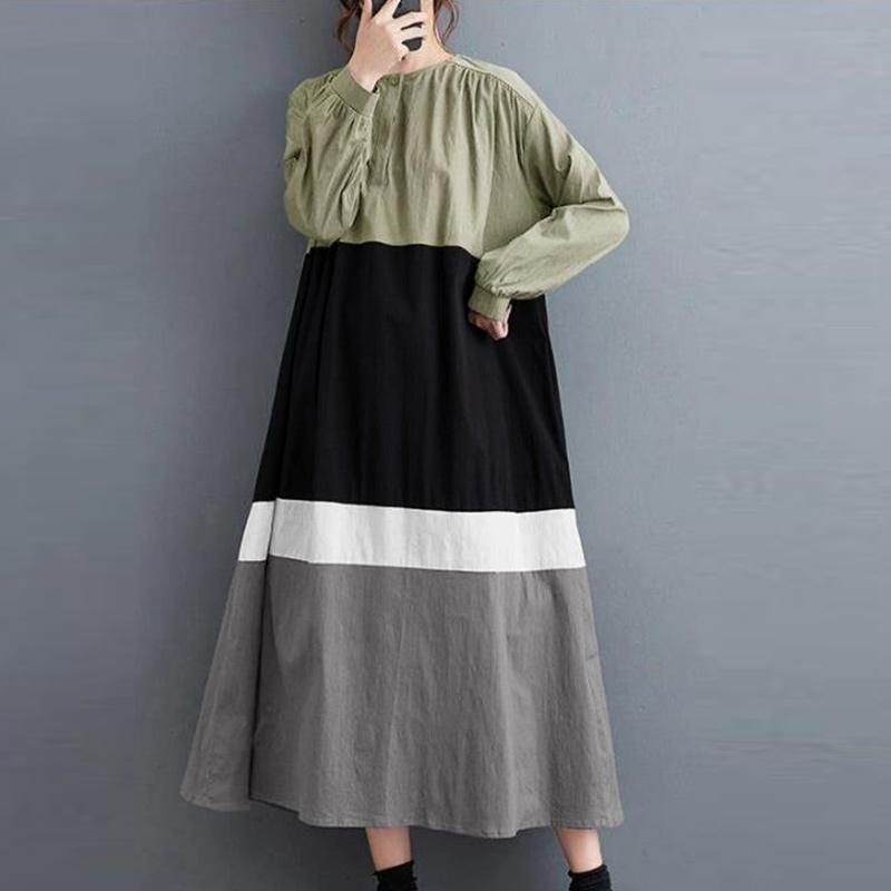 ZANZEA Women Round Neck Long Sleeve Loose Casual Patchwork Long Dress