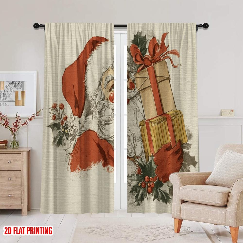2pcs,2D Plane Printing Curtains&Window Treatment Vintage Santa Claus Versatile Polyester Fabric (without Rod) Outdoor