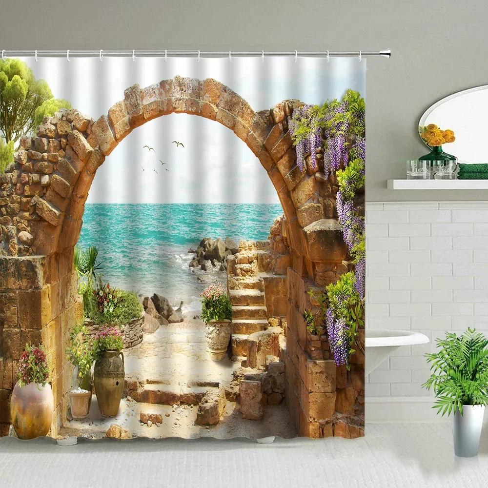 Window Outside Forest Bridge Spring Landscape Creativity Shower Curtain Zen Stone Tree Building Scenery Cloth Curtains With Ho