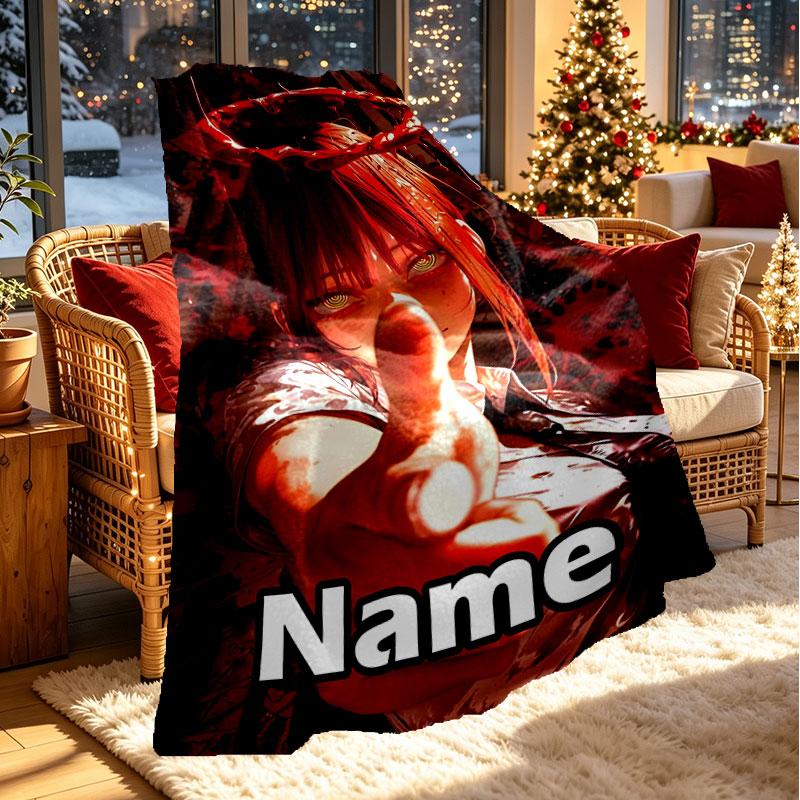 Custom Name Personalized Makima Chainsaw Man Print Blanket, Home Decor, Bedroom, Sofa, Camping, Couch, Gifts for Birthday Christmas
