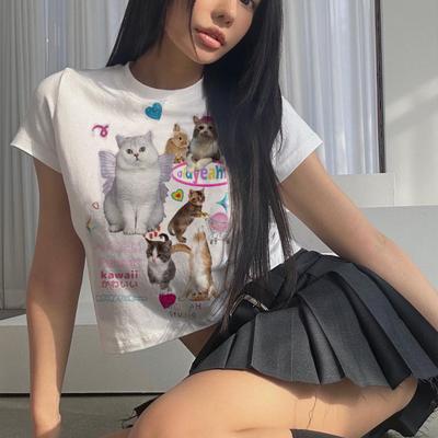 Camisetas divertidas de algodón puro con dibujos animados para verano Mujer Cuello redondo Manga corta Blanca Casual Elástica Ajustada y2k Tops Cortos mujer