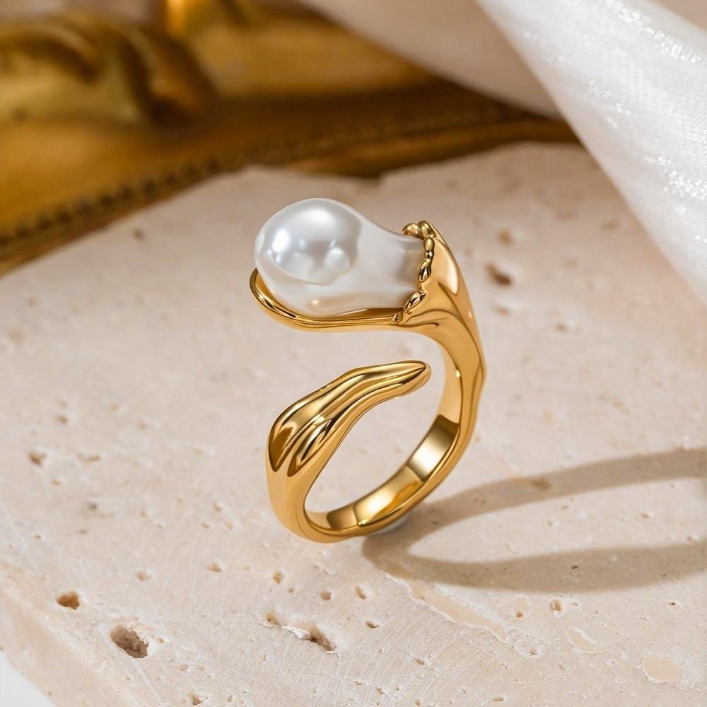 Simulated Pearls Zirconia Ring Geometry Design Alloy Platinum Finger Ring Retro Style Gold Plated Retro Jewelry Rings Daily Wear