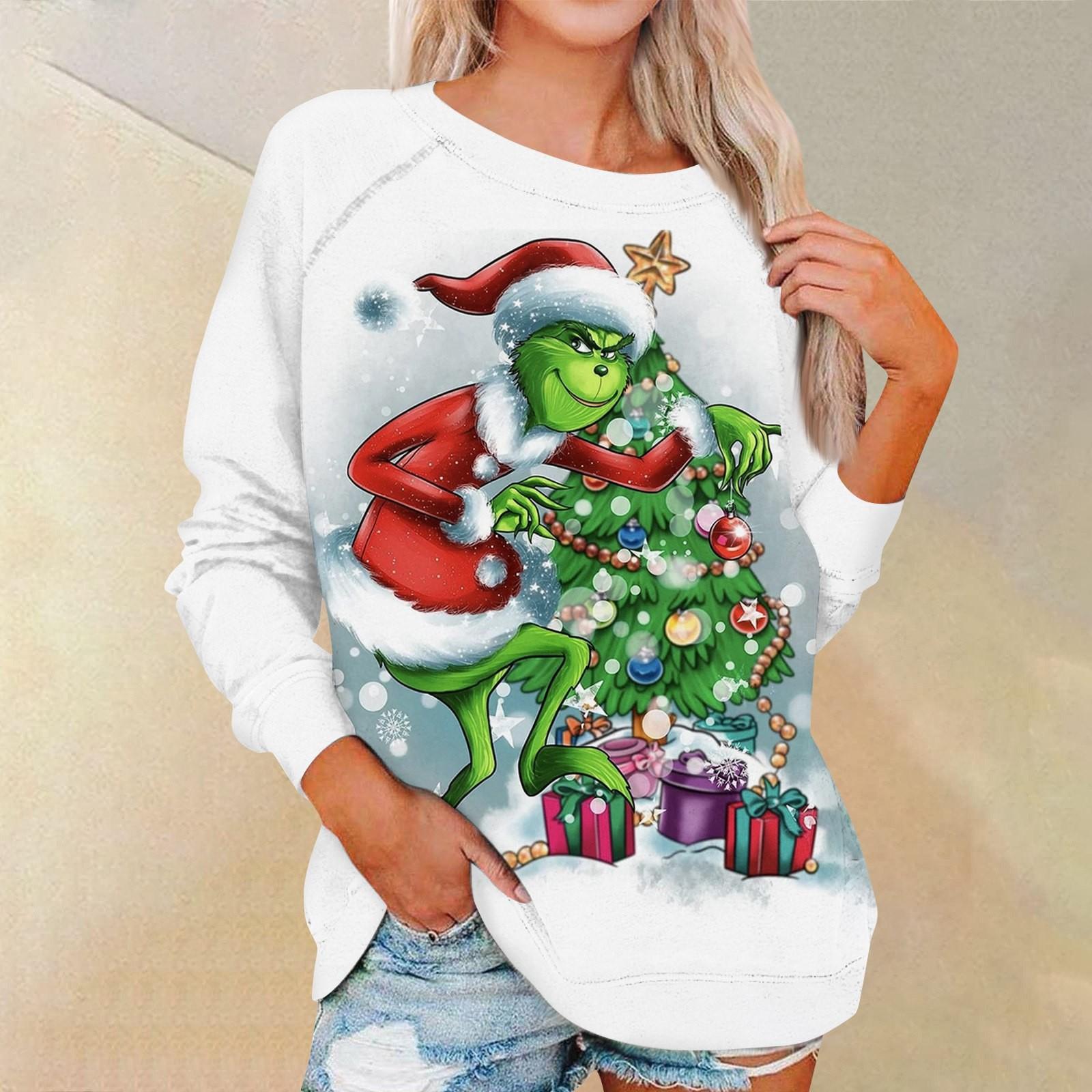 

Женская мода повседневная с длинным рукавом рождественский принт круглый вырез длинный рукав топ XL