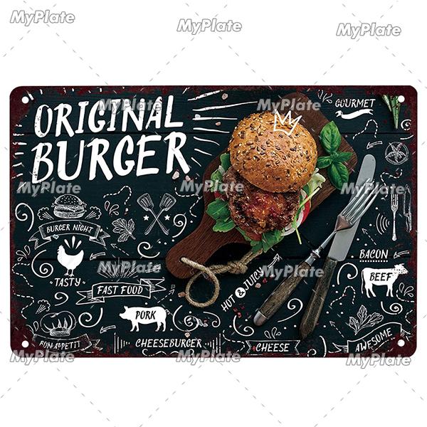 [MyPlate] Hamburger Metal Sign Plaque Metal Vintage Tin Sign Wall Decor For Club Man Cave Bar Decoration Tin Plate