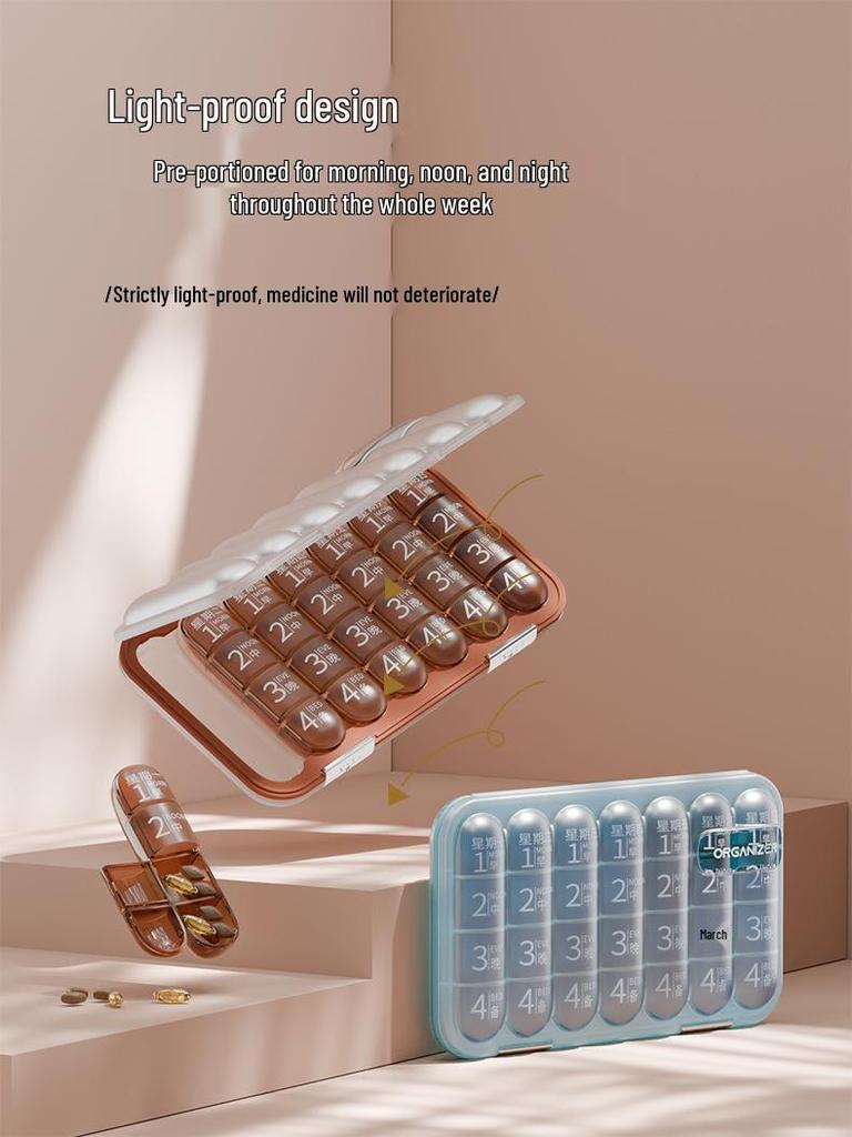 Weekly Portable Pill Organizer and Dispenser with Large-Capacity Pill Splitter