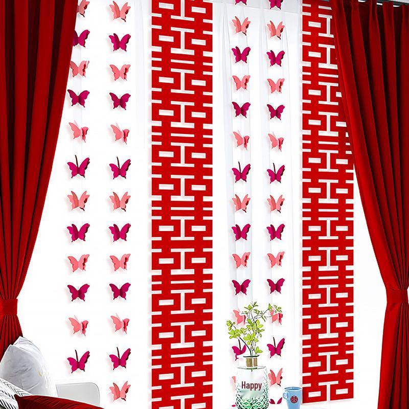 Wedding Room Decor Set: Double Happiness Curtains, Butterfly Ornaments, Stickers for Bride's Bedroom