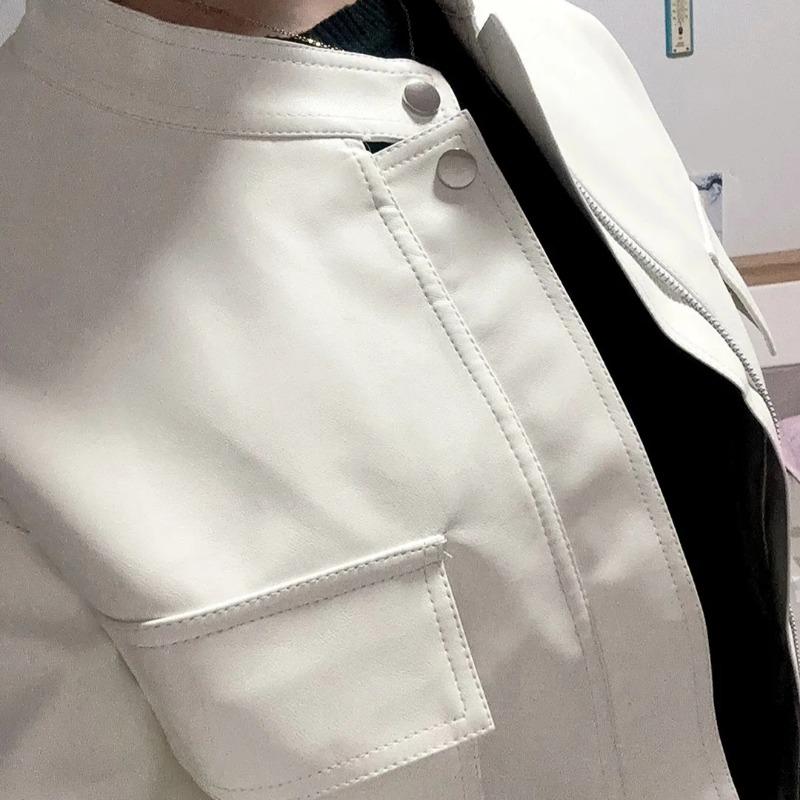 Ležérní volný střih dámská jarní podzimní PU kožená moto bunda módní krátký kabát