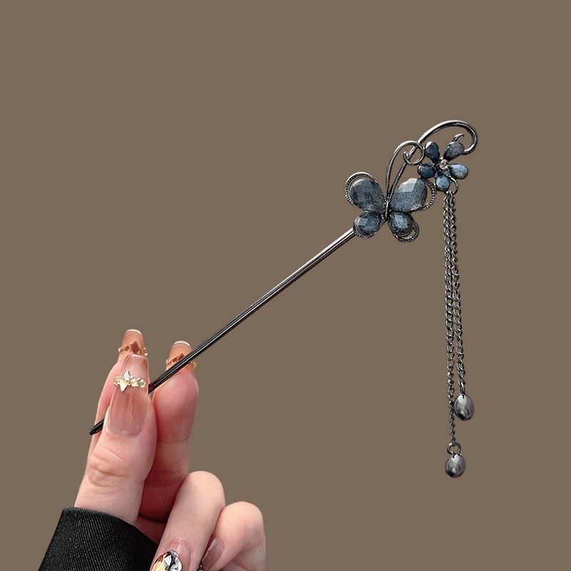 Flower Hairpin Neo-Chinese Style Hair Sticks Ink Colored Flower Tassel Hair Stick For Women Elegant Metal Jewelry Hair Accessory