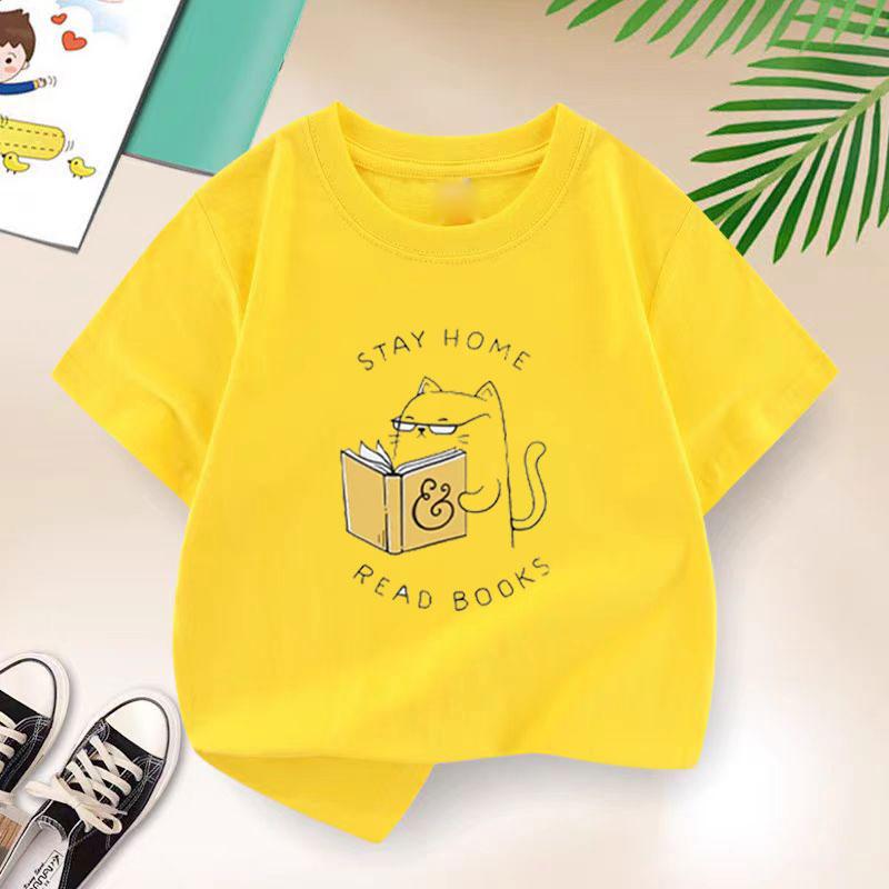 Cat Reading T-shirt for Girls Cotton Kids T Shirt Cartoons Children Casual Clothes Teen Baby Girl Summer Y2K Tops 2-14 Year