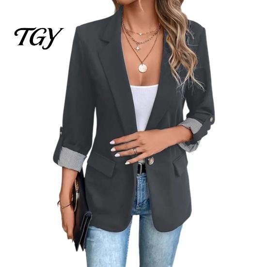 3/4 Sleeve Women Blazer Lapel Collar Blazer, Open Front Business Comfortable with Pockets Casual Suit Jacket, Office Work Short Button Jacket