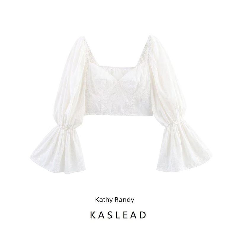 Kaslead New Women Clothes Western Style Fashion Simple Horn Long Sleeve Short Sexy Embroidered Top