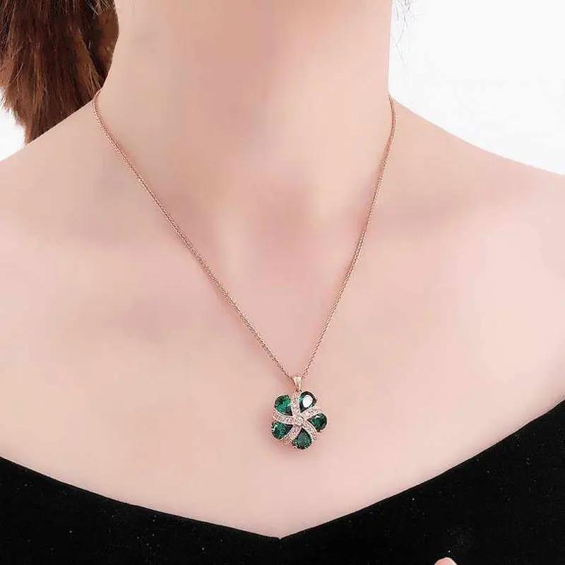 Creative Rose Golden Palace Style Luxury Green Zircon Necklace for Women Fashion Flower Shape Broccoli Pendant Zircon