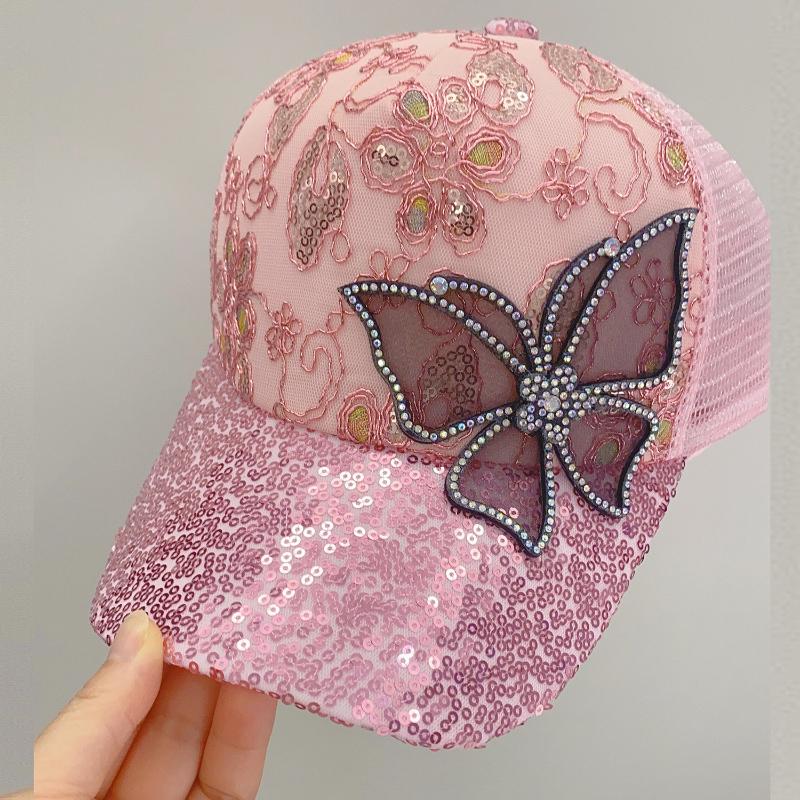 Butterfly Lace Glitter Baseball Cap Women's Summer Sun Protection Fashionable Ducktongue Hat Adjustable Casual Hats