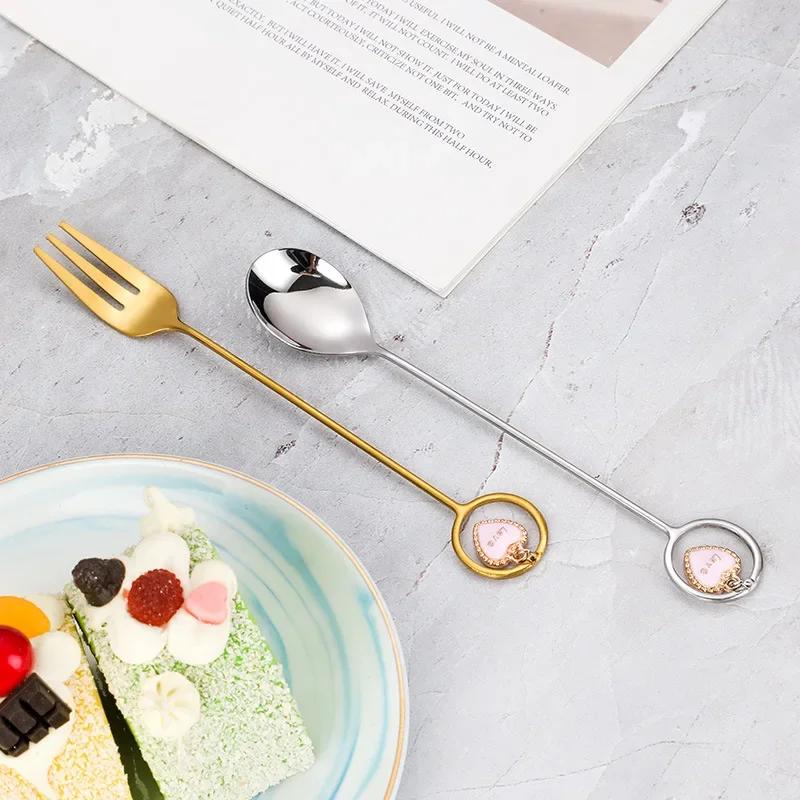 304 Stainless Steel Mixing Spoon with Long Handle Love Heart Star Shape Pendant Fruit Yogurt Honey Mixing Fork Kitchen Tableware
