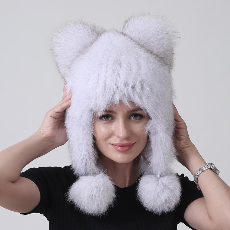New Women Bomber Ears Hats Pompom Trapper Natural Fox Fur Knitted Earflap Russian Caps Outdoor Snow Hat