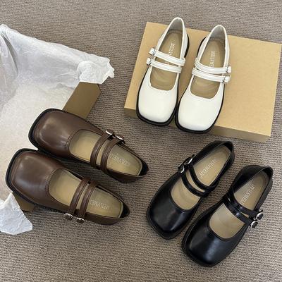 2025 Jane Shoes Білі Каваї Підбори Квадратний Носок Плоска Пряжка Туфлі-Човники для Жінок Вуличні Лаконічні Солодкі Милий Стиль Туфлі для Сукні Вечірки