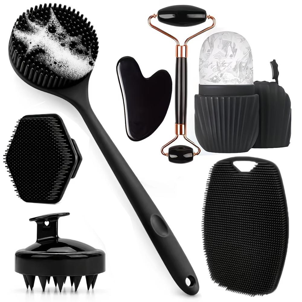 7/4/3 Stück Duschkörperpflege-Set Langer Griff Silikon-Rückenbürste Kopfhautmassagegerät Peeling Gesichtswalze Gua Sha Massagegeräte
