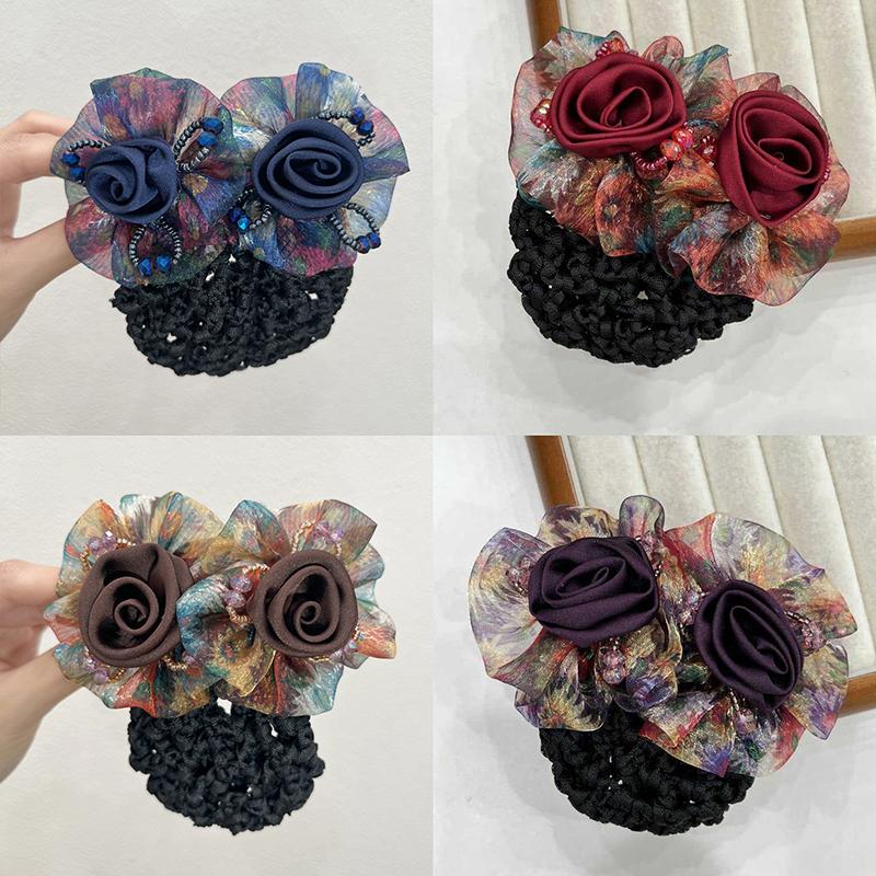 Women Hair Bun Cover Net Snood Hairnet Bow Barrette French Hair Clip Bow Ribbon Flower Hair Accessories For Banks Hotels Staff