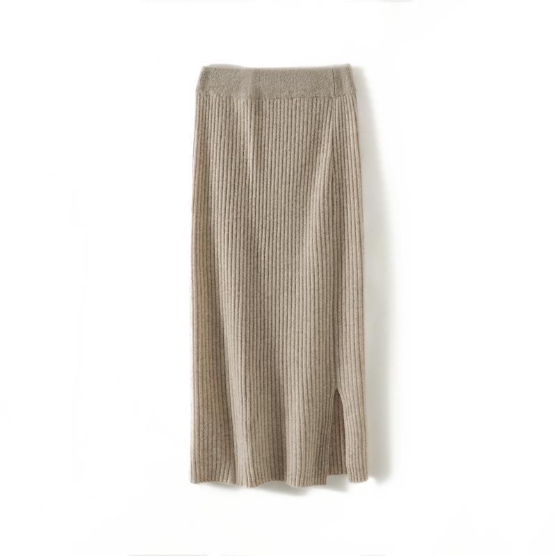 Women's 100% Wool Elastic High-Waist Knitted Midi Skirt with Back Slit