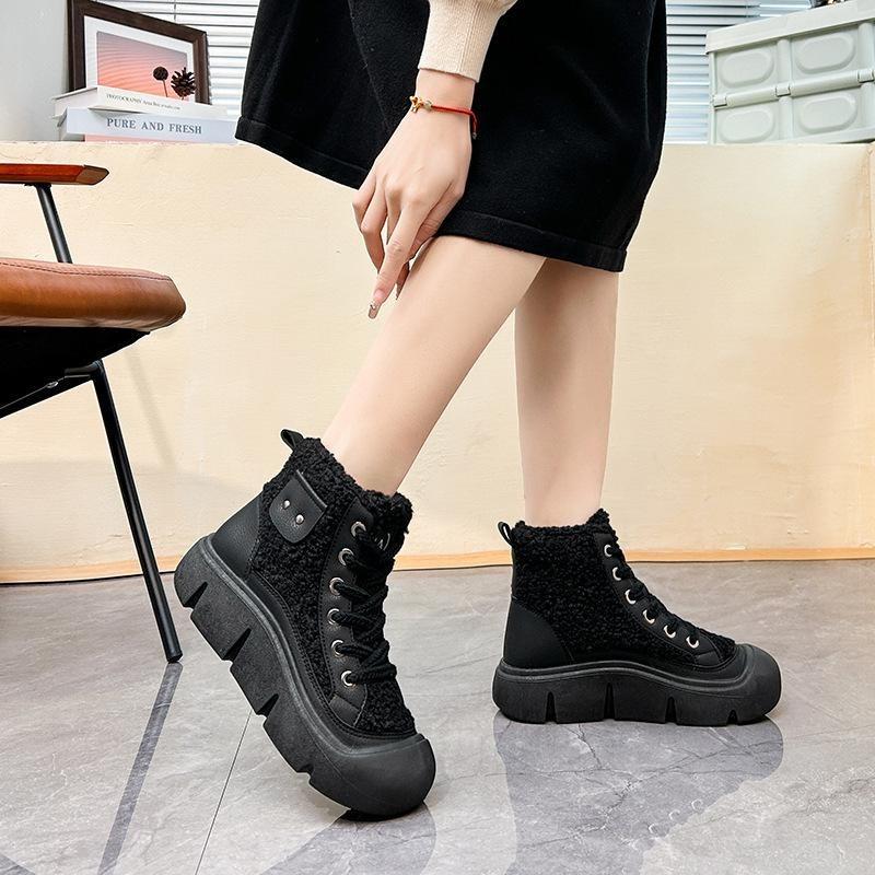 Winter Warm Snow Boots for Women Lace-Up Anti-Slip Faux Fur Lined Ankle Booties Chunky Platform Plush Lined High Top Shoes Women's Fleece Short Boots
