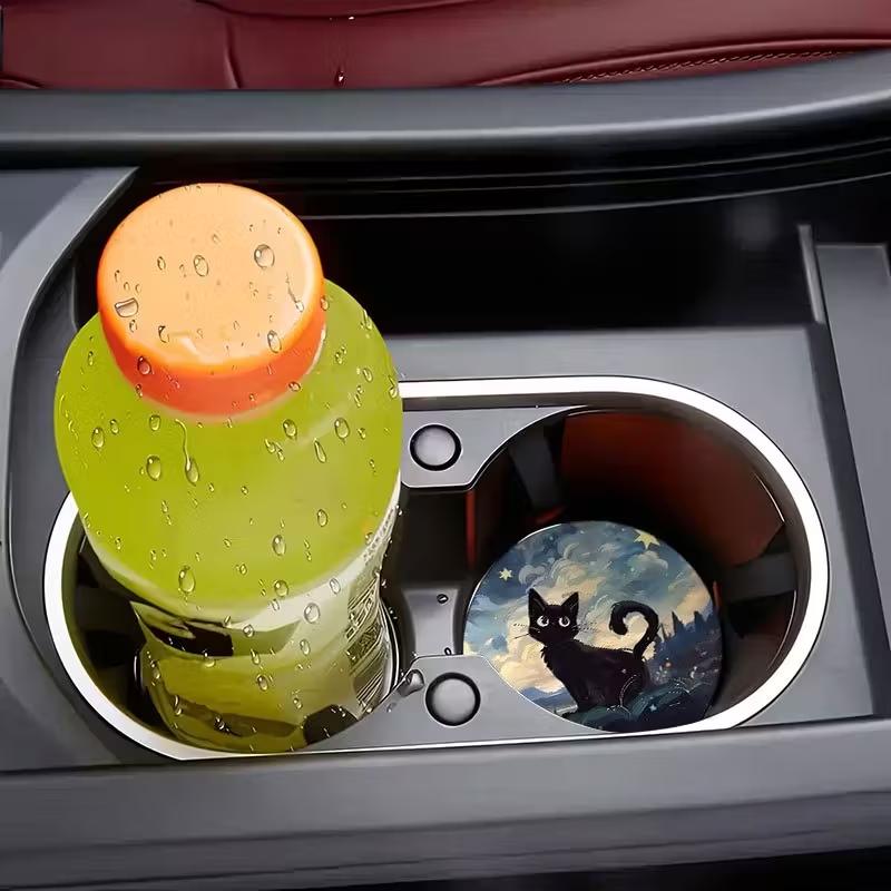 2pcs Car Cup Mat - Charming Cat Pattern, Non Slip Universal Cup Holder Pad, Car Interior Accessories