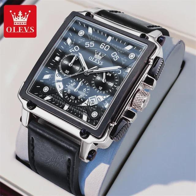 Top Brand Luxury Mens Watches Fashion Blue Square Quartz Watch for Men Sport Leather Strap Chronograph Wristwatches
