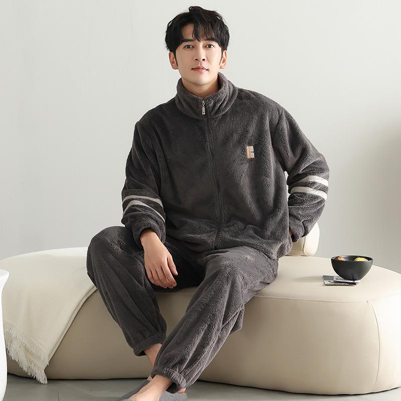 Korallenfleece Pyjama Herren Herbst und Winter Fleece Verdickt Warm Herren Flanell Winter Große Größe Loungewear Set