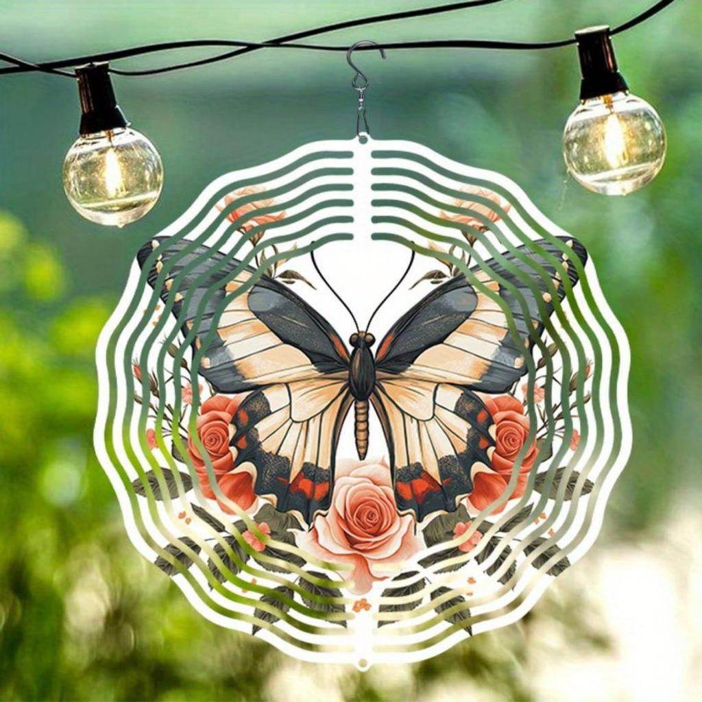 Rose Butterfly Metal Wind Chime Outdoor Garden Decor Kinetic Art for Halloween Christmas Thanksgiving Holiday Party Patio Yard Hanging Ornament