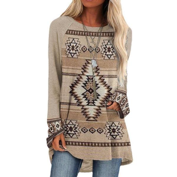 Round Neck 3D Ethnic Style Printed Top Fashionable Casual Long Sleeved Women's T-shirts