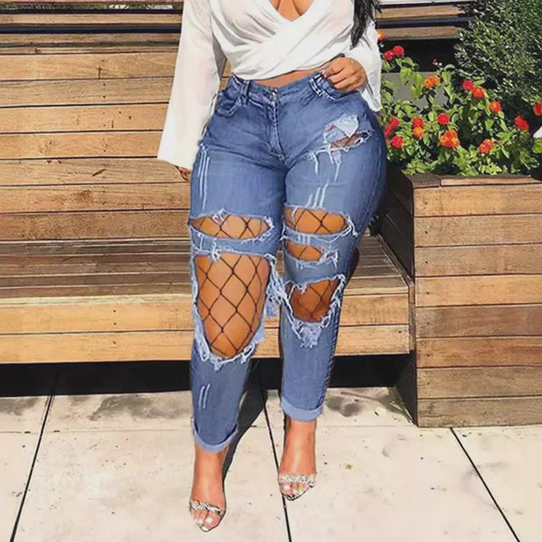 2024 Early Spring European & American Internet Celebrity Casual Ripped Denim Pants with Fishnet Stockings for Women.
