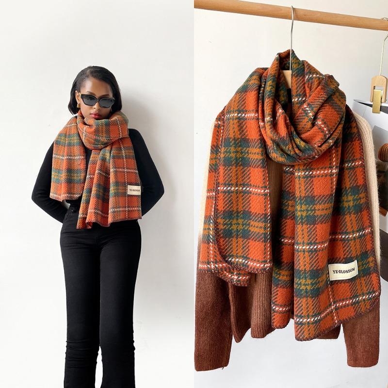Imitation cashmere plaid shawl women's winter high-end atmosphere black scarf triangular hemming head shawl