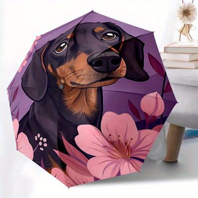 1 Stück Dackel Blumen Automatisches Öffnen/Schließen Regenschirm - Kompakter Reise Regenschirm, 8 Speichen Robuste Konstruktion, Ideales Geschenk, Outdoor Zubehör, Styl