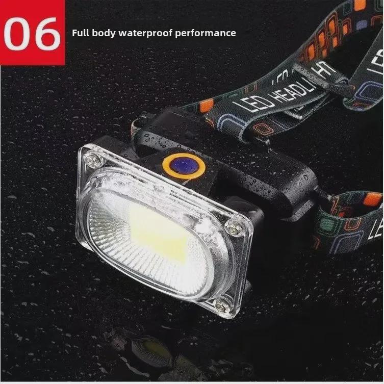 Rechargeable LED Headlamp with 18650 Battery, COB Floodlight, and Red/Green Warning Flash.
