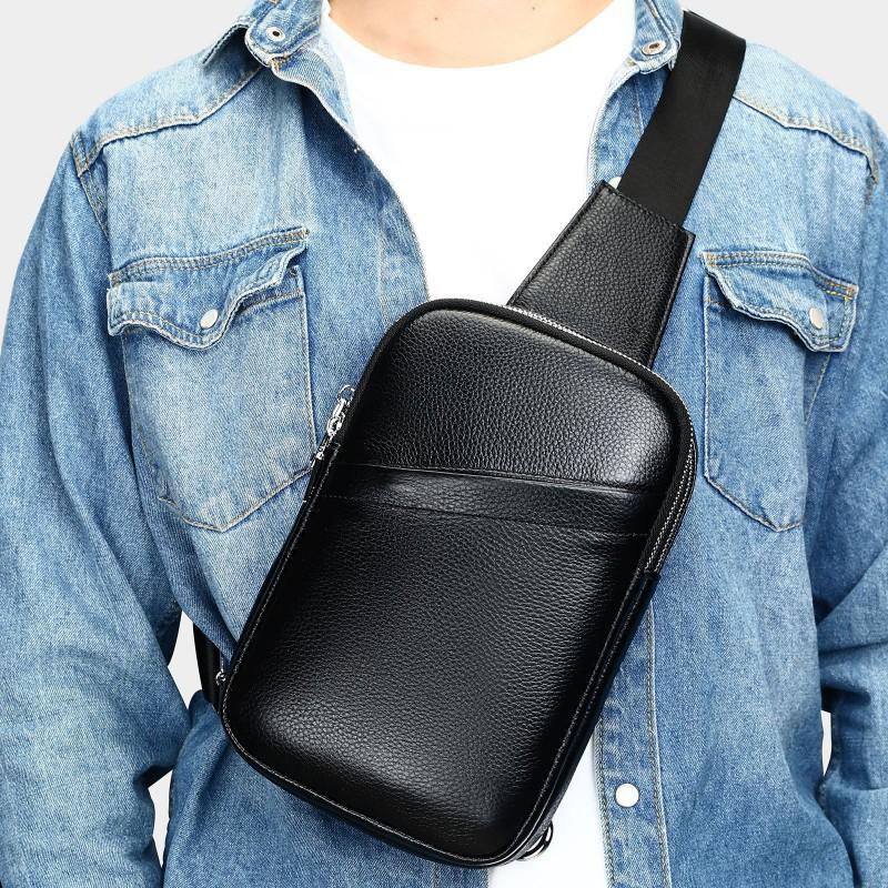 Simple Leather Chest Bag Men With A High-end Feel Top Layer Cowhide Crossbody Shoulder Men s Casual Versatile чёрный