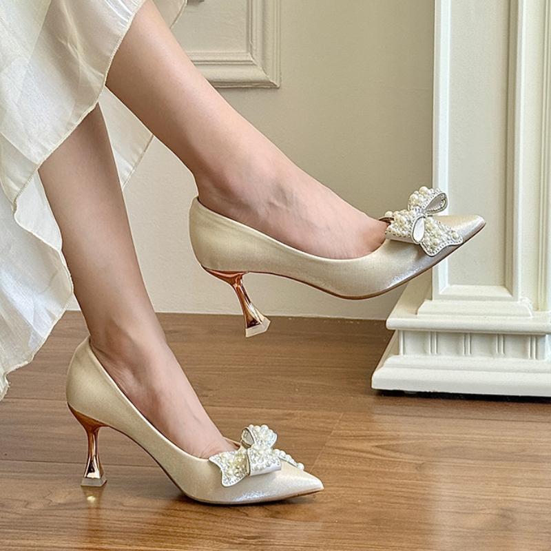 2026 Pearl Rhinestone Bow Stiletto Single Shoes Autumn New Pointed Toe Shallow Mouth Slip-on Non-Slip Wear-Resistant High Heels