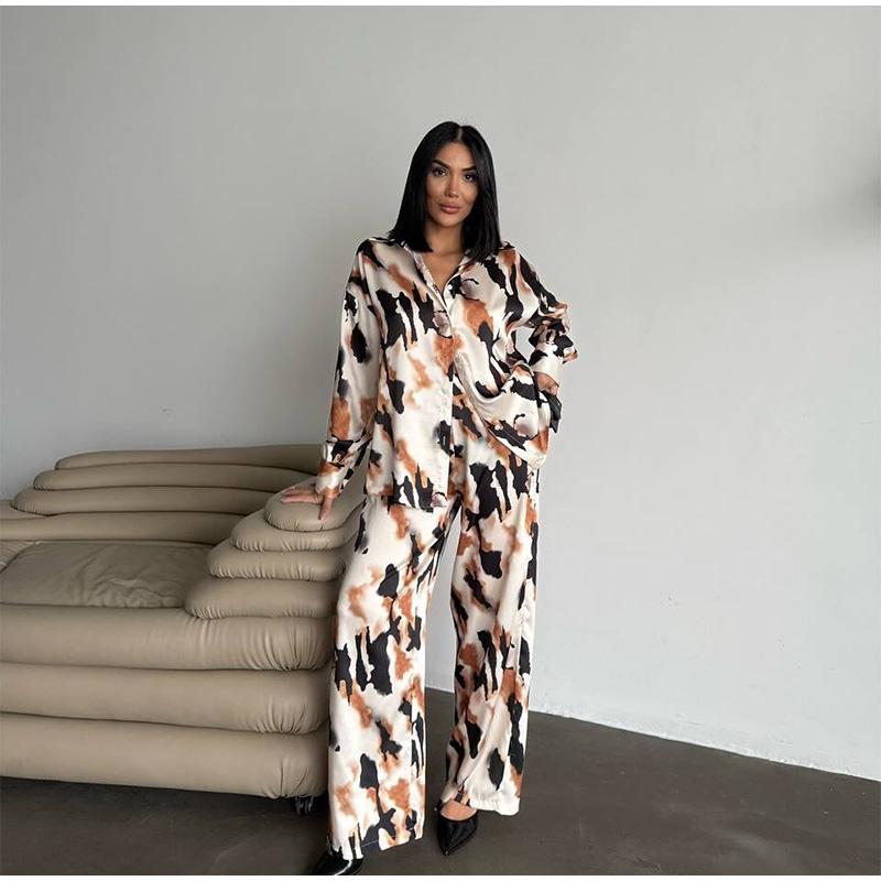 Tištěný volný ležérní set dámská košile s dlouhým rukávem kalhoty se širokými nohavicemi dvoudílný set na dojíždění jaro a léto