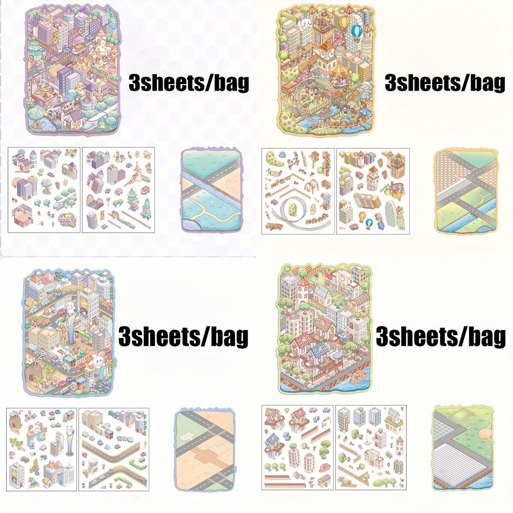 12 Sheets/4 Bags City Theme 3D Scenery Stickers Stress Relief Game For Scrapbooking DIY Collage Phone Case Frame Decoration