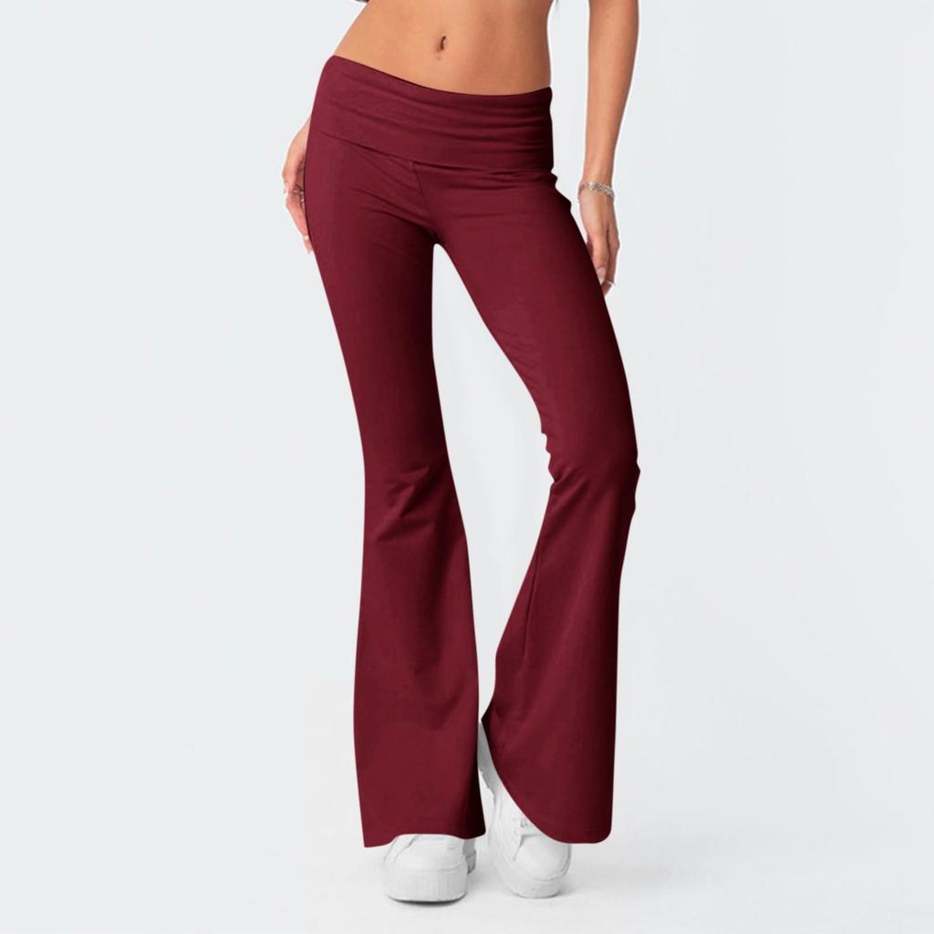 Damenmode, einfarbig, schmale Passform, schmale umgekehrte Taille, niedrige Taille, elastische Taille, Schlaghose