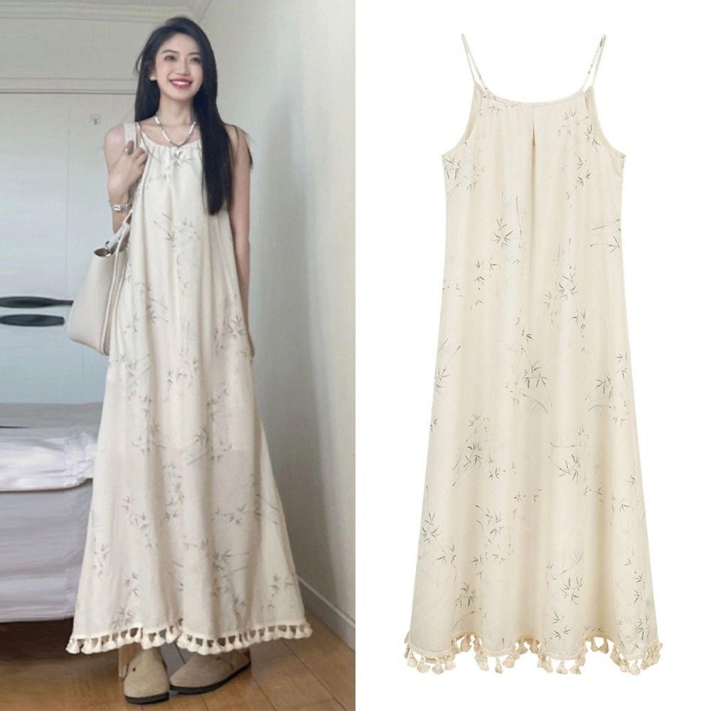 

Loose Floral Skinny Strap Dress Apricot Beach Vacation Sundress Sleeveless Long Dress for Girls S абрикосовий