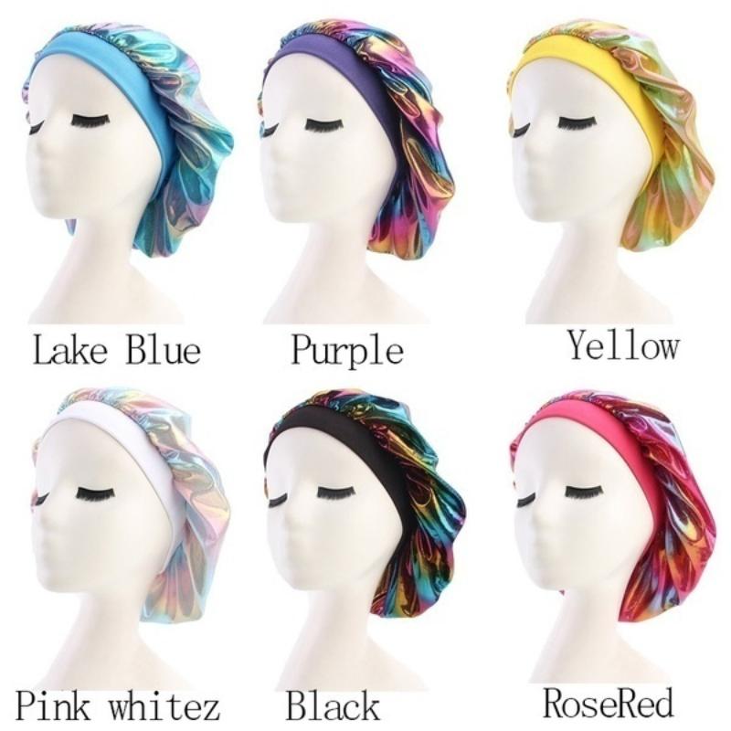 New Women Laser High Elasticity Wide Side Sleeping Cap Perm Hat Chemotherapy  Bath S Silk Bonnet for Sleeping