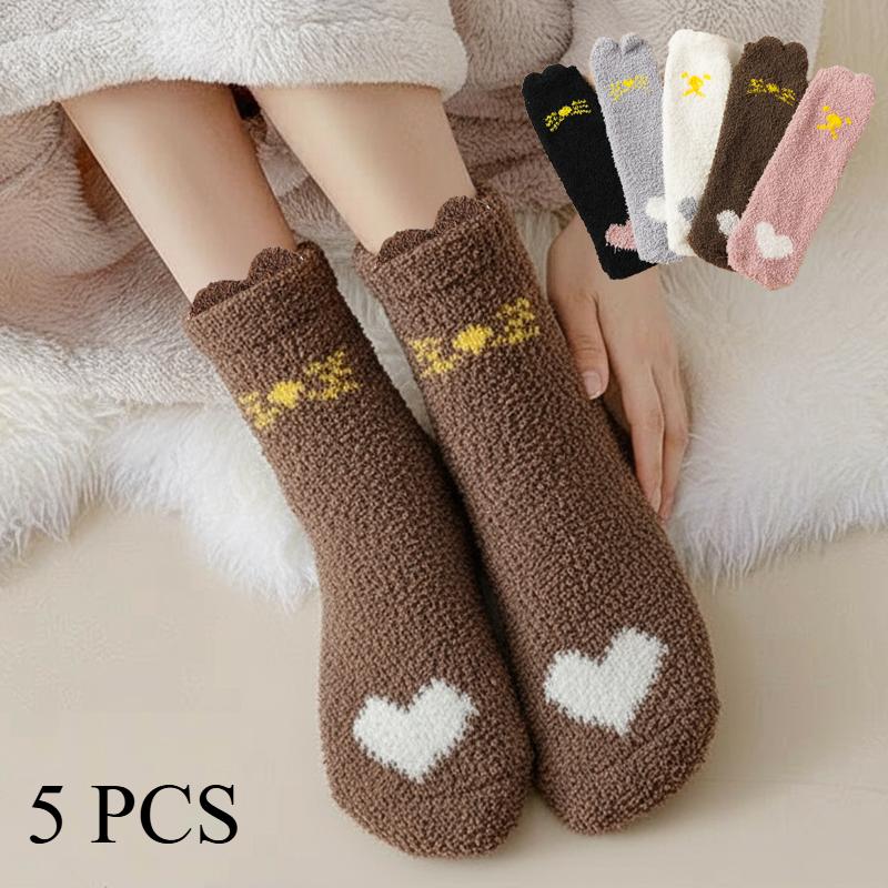5 Pairs Autumn Winter Cartoon Cat Tube Socks Women Heart-shaped Coral Fleece Socks Cute Sweet Thick Soft Warm Home Sleep Sock