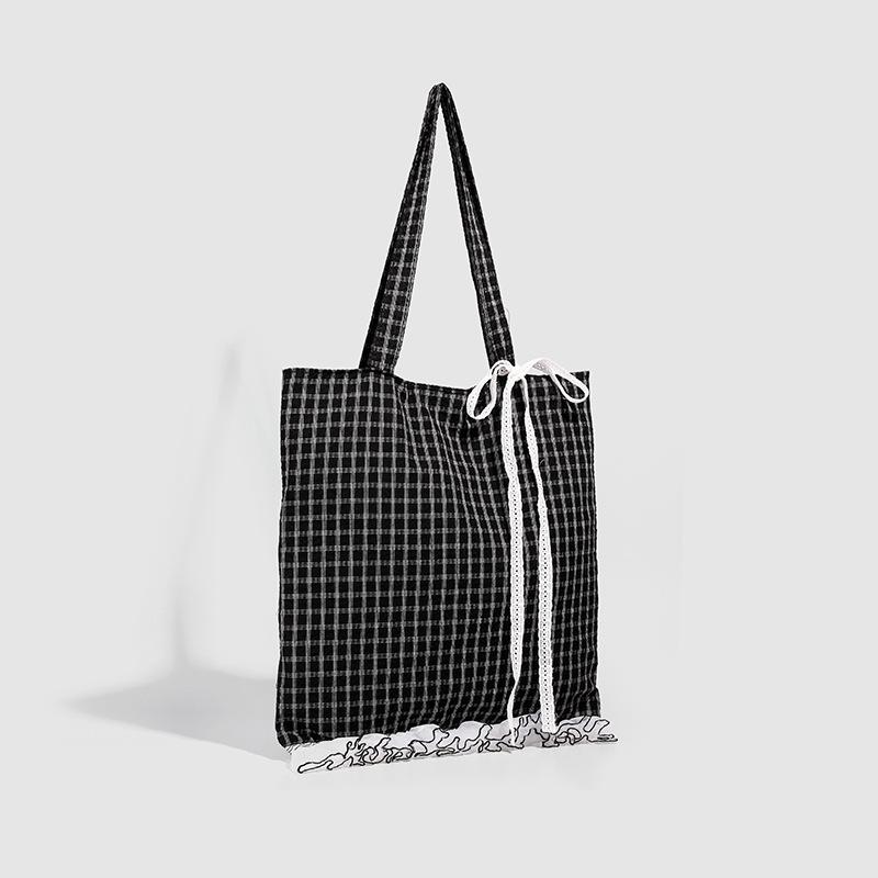 Sweet and Cool Versatile Shoulder Bag Linen Weaving Classic Black and White Grace Lace Girl Bag Thin