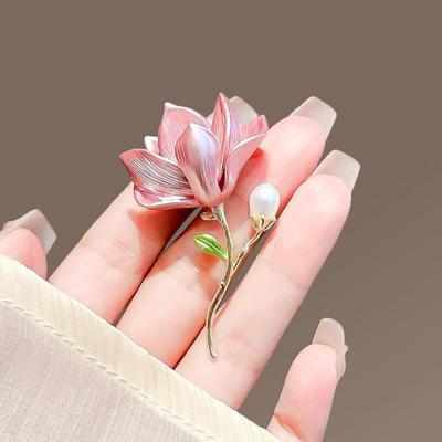 Magnolia Flower Brooch for Women Artificial Flower Pins Faux Pearl Enamel Badges Lapel Pins for Jackets Dresses Coats Accessories